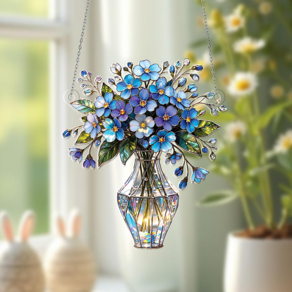 Forget-me-not Flower Bouquet Acrylic Window Hanging, Blue Floral Suncatcher, Faux Stained Glass Style Vase Decor, Elegant Home Gift