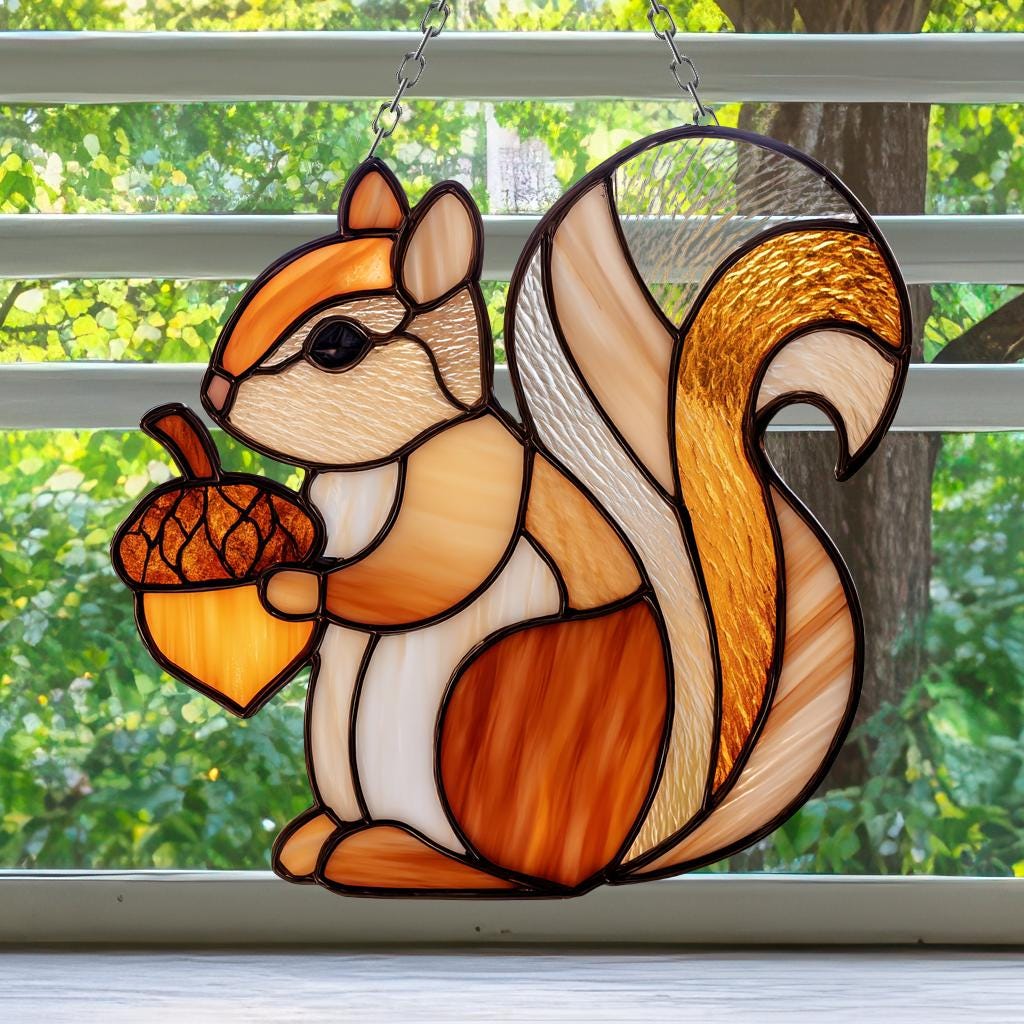 Squirrel Suncatcher Stained Acrylic Window Hanging, Cute Squirrel With Acorn Glass Suncatcher, Woodland Animal Window Decor, Fall Home Decor