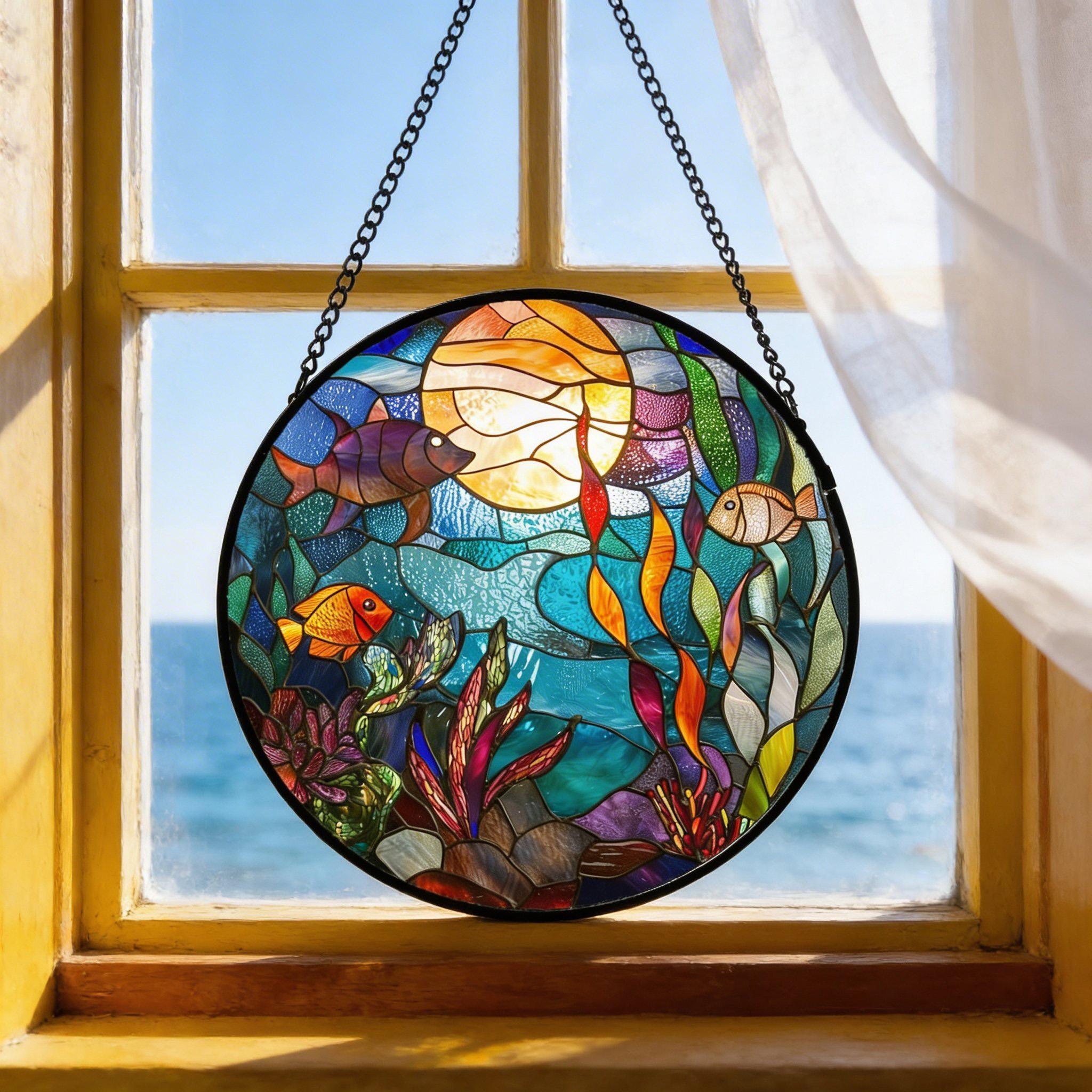 Ocean Fish Stained Glass Suncatcher, Underwater Window Hanging Coastal Decor Gift