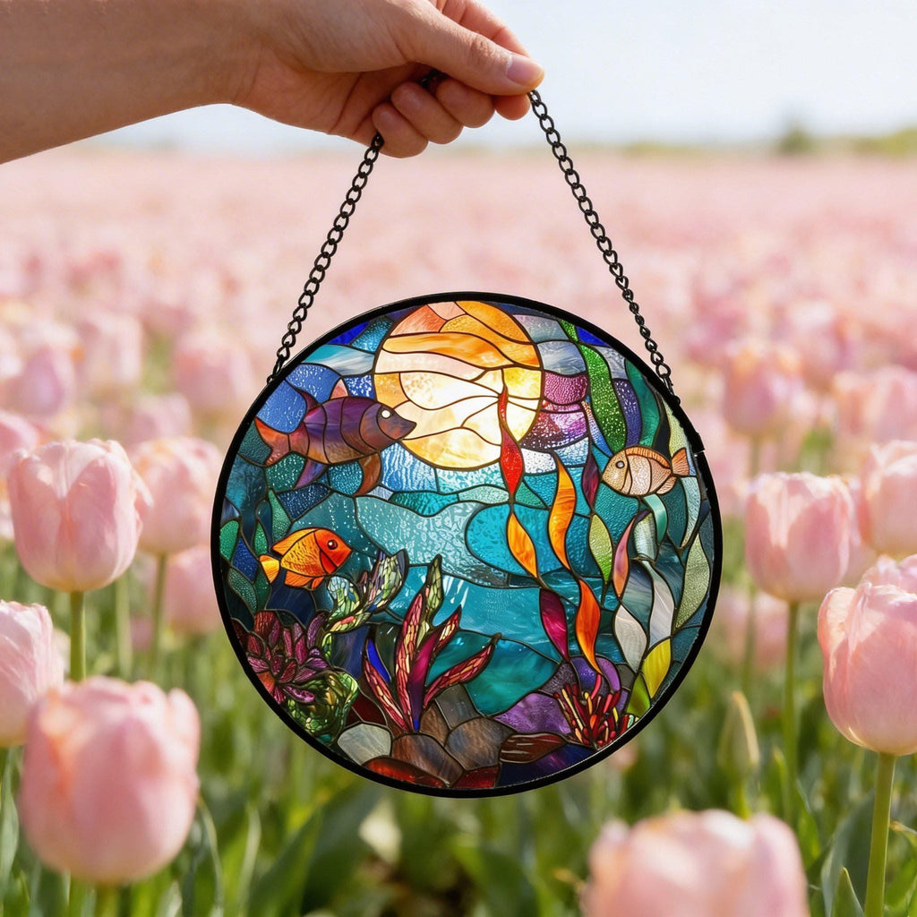 Ocean Fish Stained Glass Suncatcher, Underwater Window Hanging Coastal Decor Gift