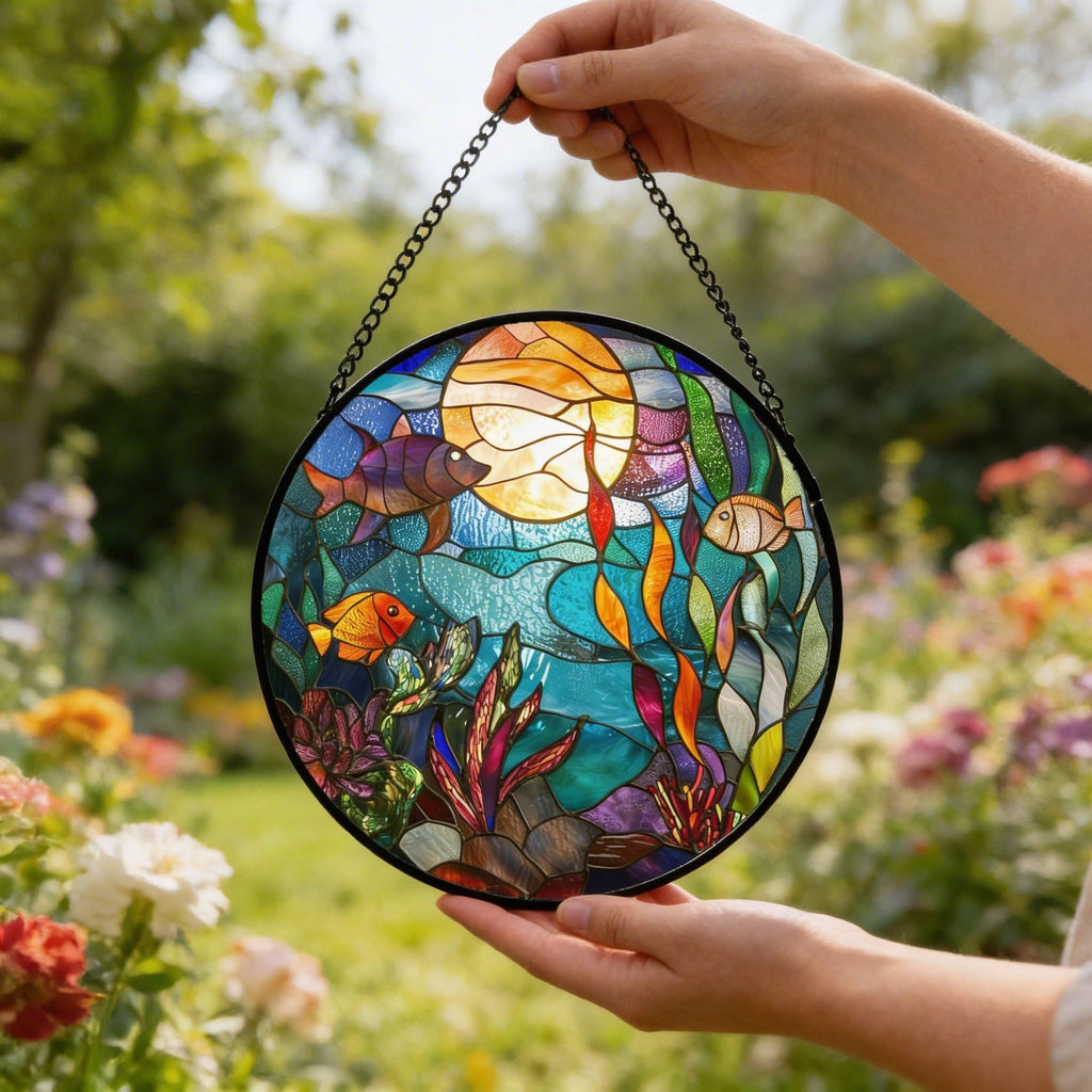 Ocean Fish Stained Glass Suncatcher, Underwater Window Hanging Coastal Decor Gift