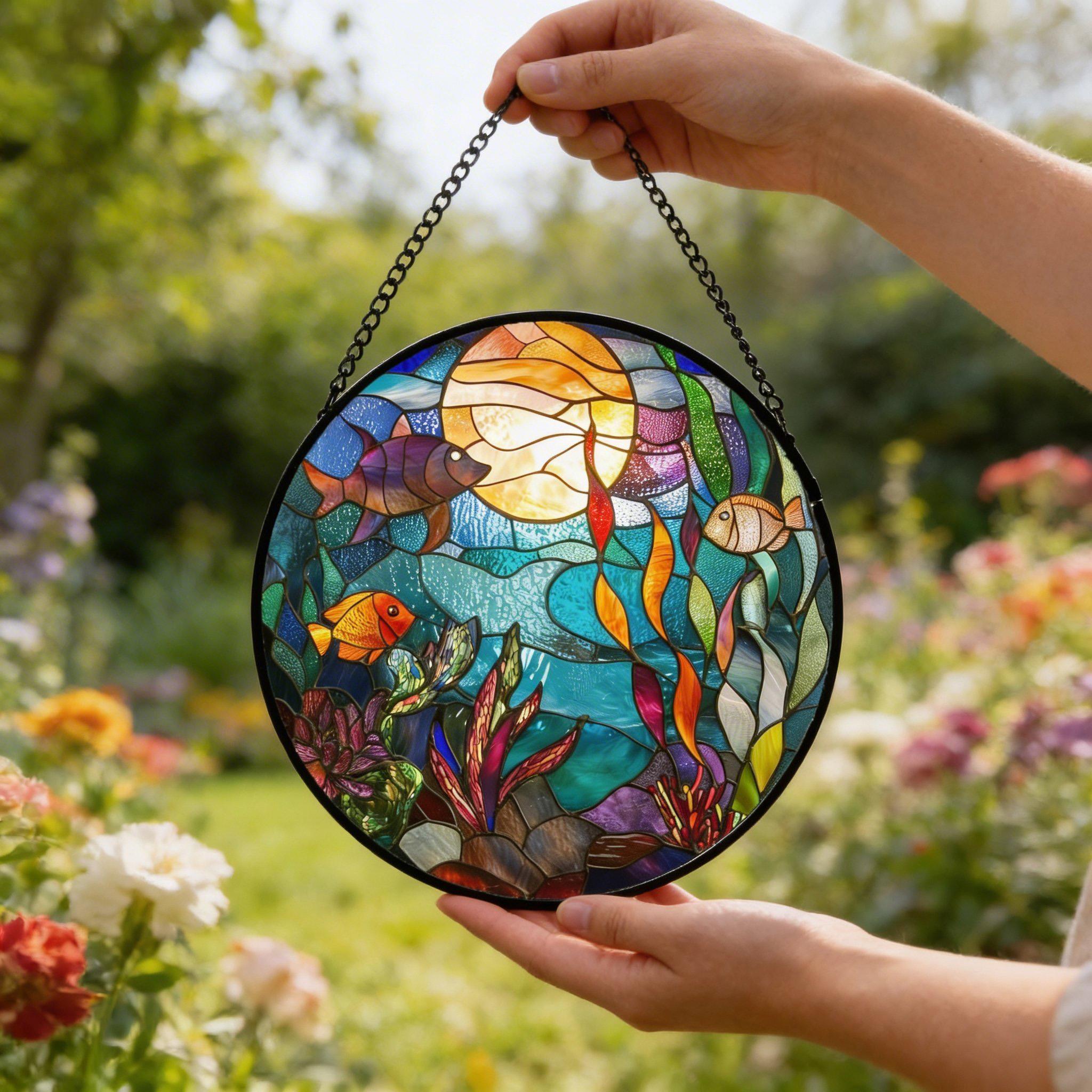 Ocean Fish Stained Glass Suncatcher, Underwater Window Hanging Coastal Decor Gift