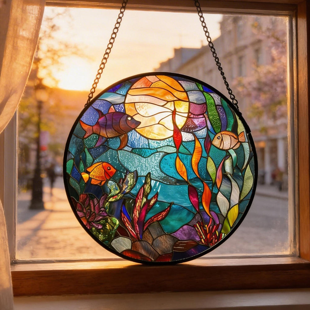 Ocean Fish Stained Glass Suncatcher, Underwater Window Hanging Coastal Decor Gift