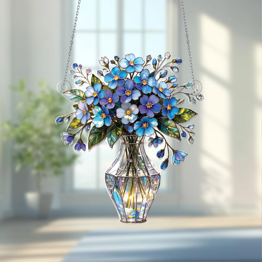 Forget-me-not Flower Bouquet Acrylic Window Hanging, Blue Floral Suncatcher, Faux Stained Glass Style Vase Decor, Elegant Home Gift
