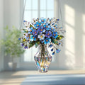 Forget-me-not Flower Bouquet Acrylic Window Hanging, Blue Floral Suncatcher, Faux Stained Glass Style Vase Decor, Elegant Home Gift