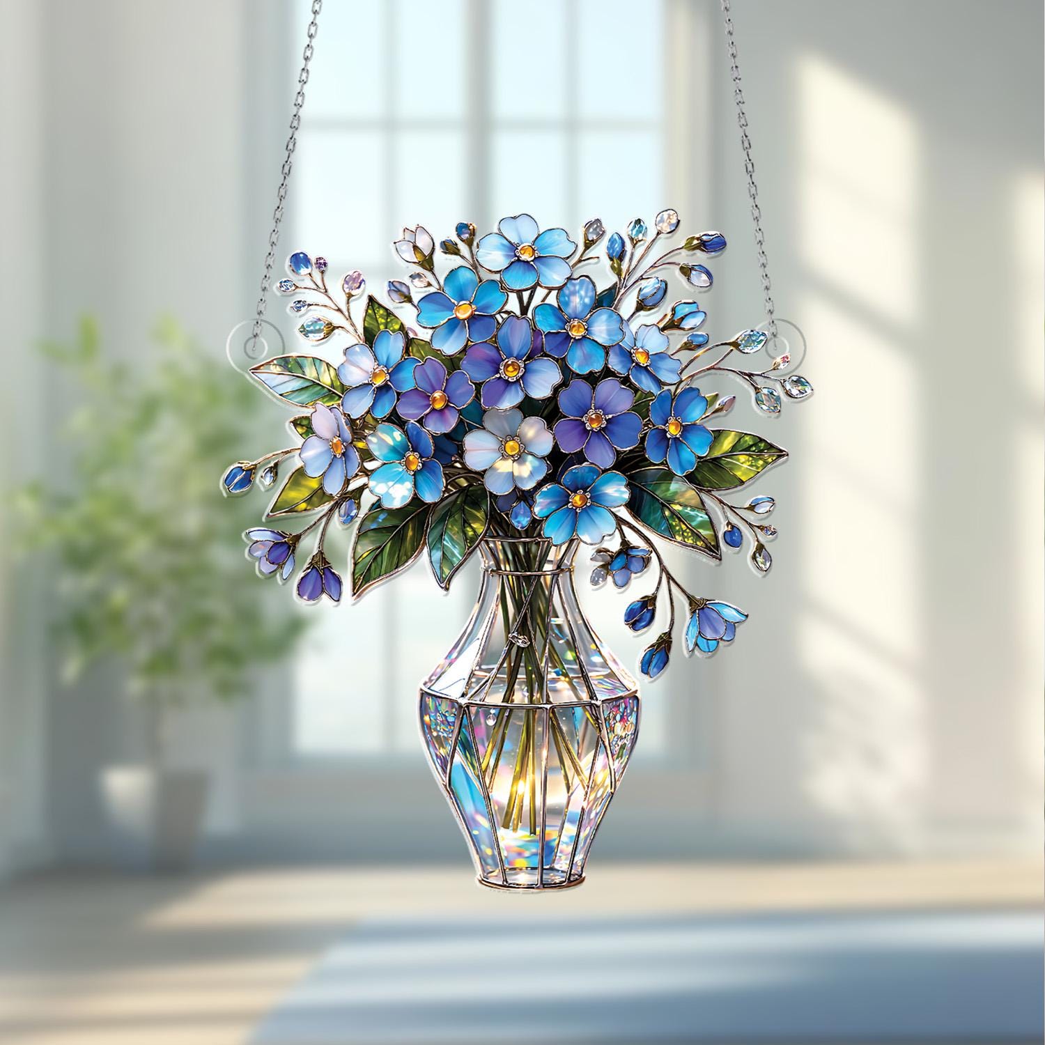 Forget-me-not Flower Bouquet Acrylic Window Hanging, Blue Floral Suncatcher, Faux Stained Glass Style Vase Decor, Elegant Home Gift