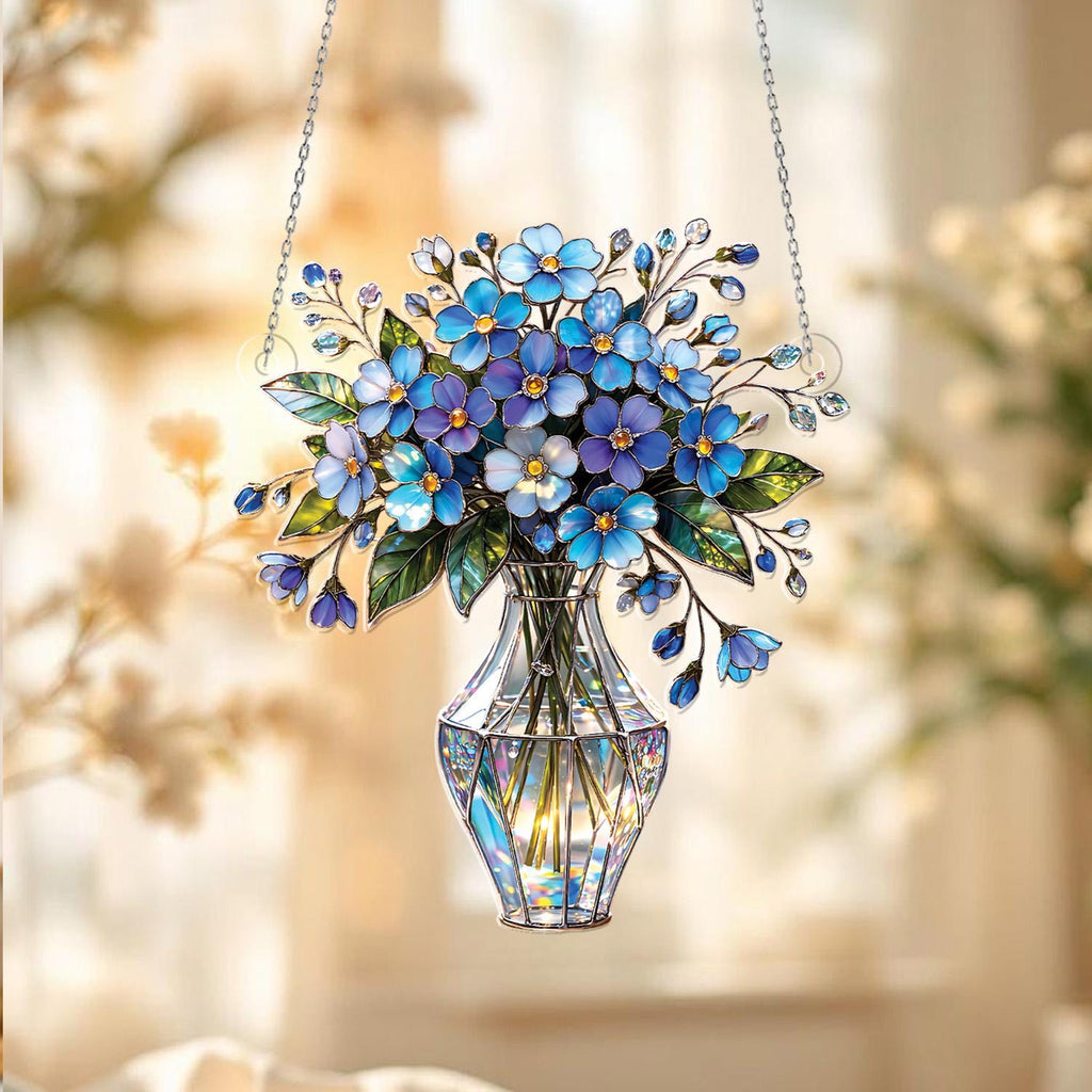Forget-me-not Flower Bouquet Acrylic Window Hanging, Blue Floral Suncatcher, Faux Stained Glass Style Vase Decor, Elegant Home Gift