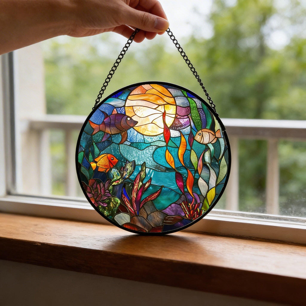 Ocean Fish Stained Glass Suncatcher, Underwater Window Hanging Coastal Decor Gift