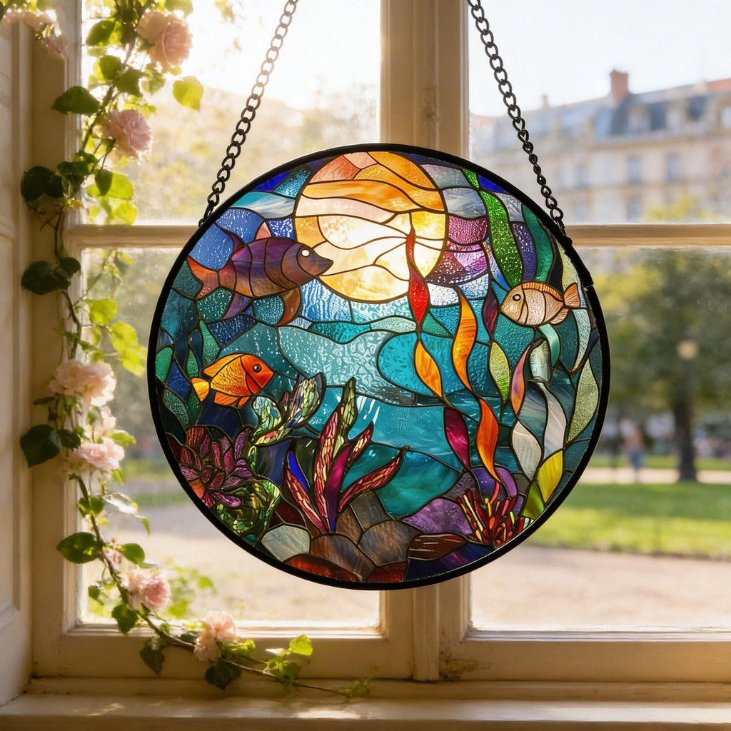 Ocean Fish Stained Glass Suncatcher, Underwater Window Hanging Coastal Decor Gift
