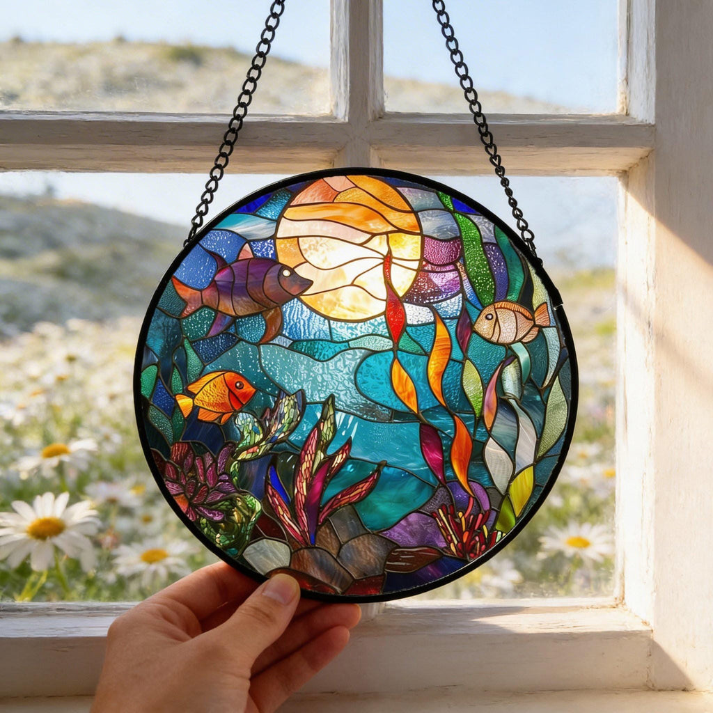 Ocean Fish Stained Glass Suncatcher, Underwater Window Hanging Coastal Decor Gift