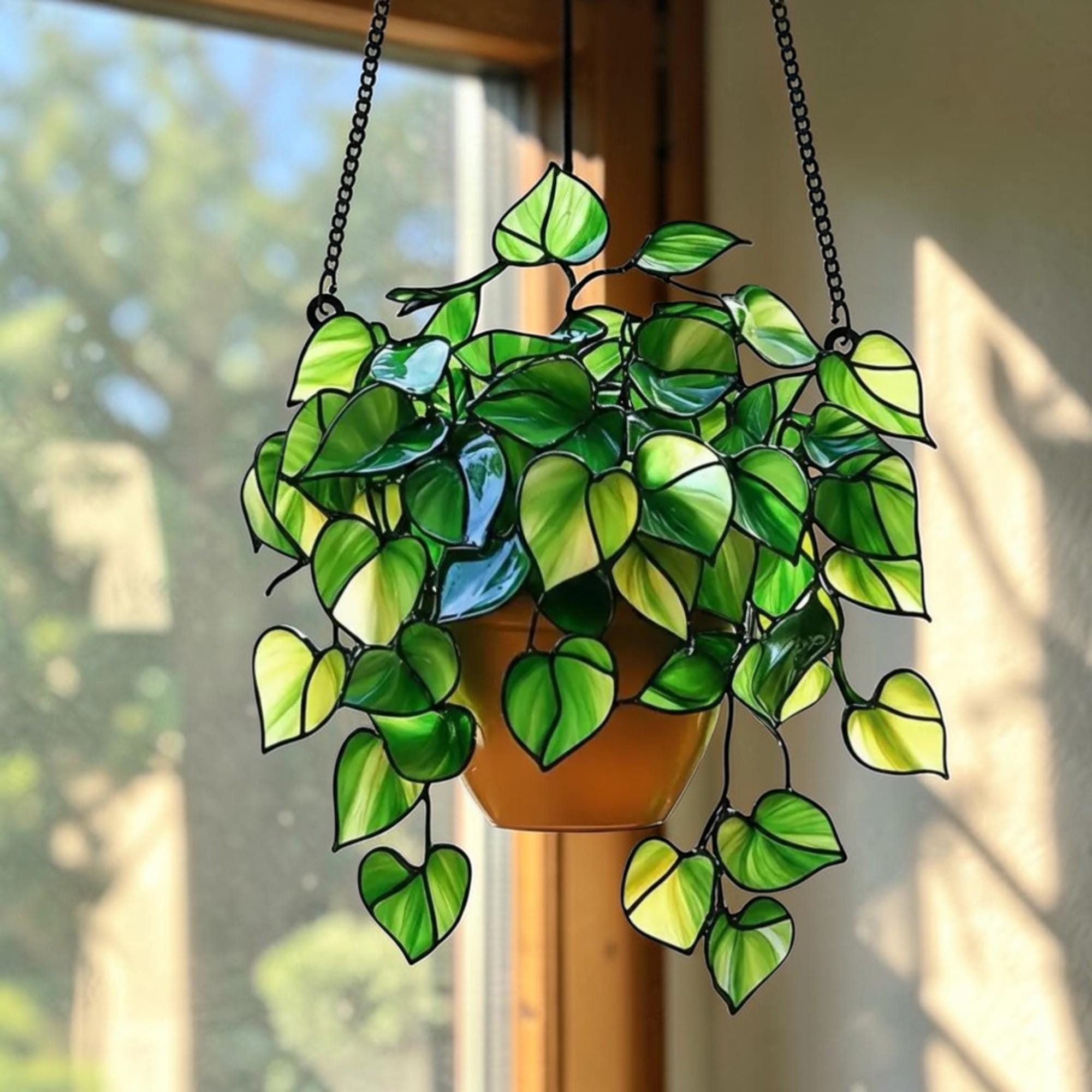 Pothos Plant Acrylic Suncatcher, Hanging Plant Window Decor, Plant Lover Gift - Faux Greenery Art - Boho Philodendron Home Decor