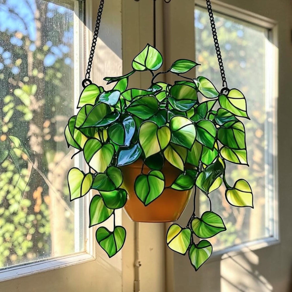 Pothos Plant Acrylic Suncatcher, Hanging Plant Window Decor, Plant Lover Gift - Faux Greenery Art - Boho Philodendron Home Decor